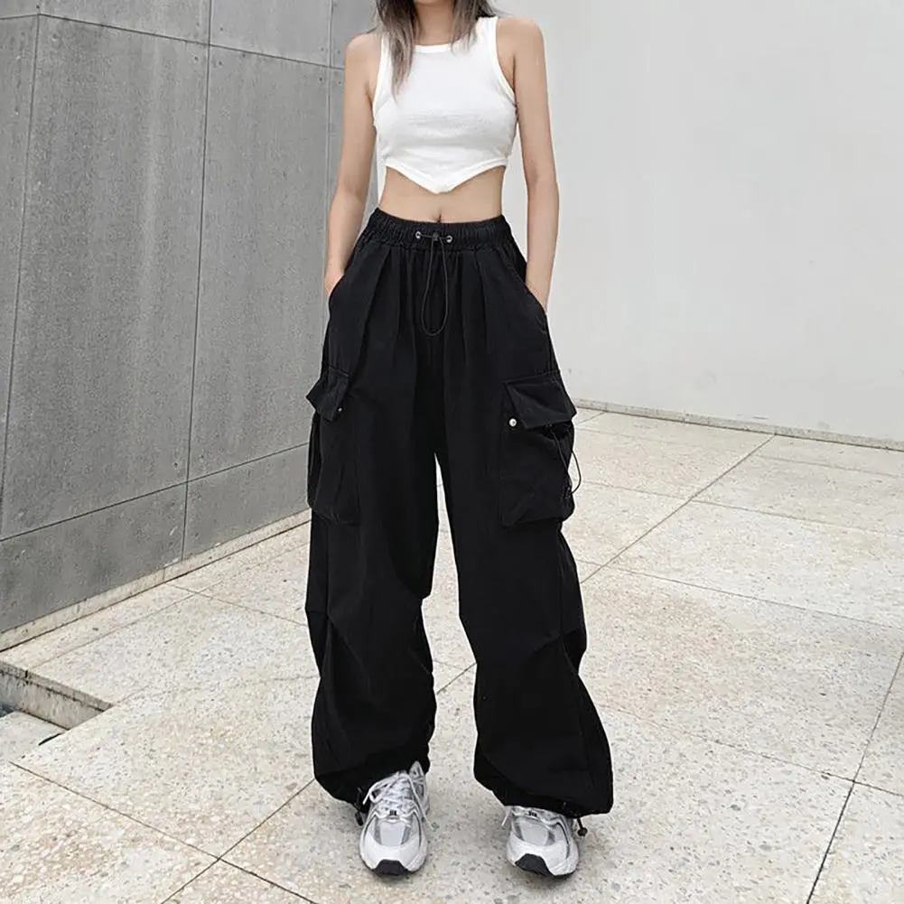 Women Cargo Pants High Waist Oversized Multi Pockets Drawstring Casual Pants Full Length Ankle-banded Hip Hop Street Trousers