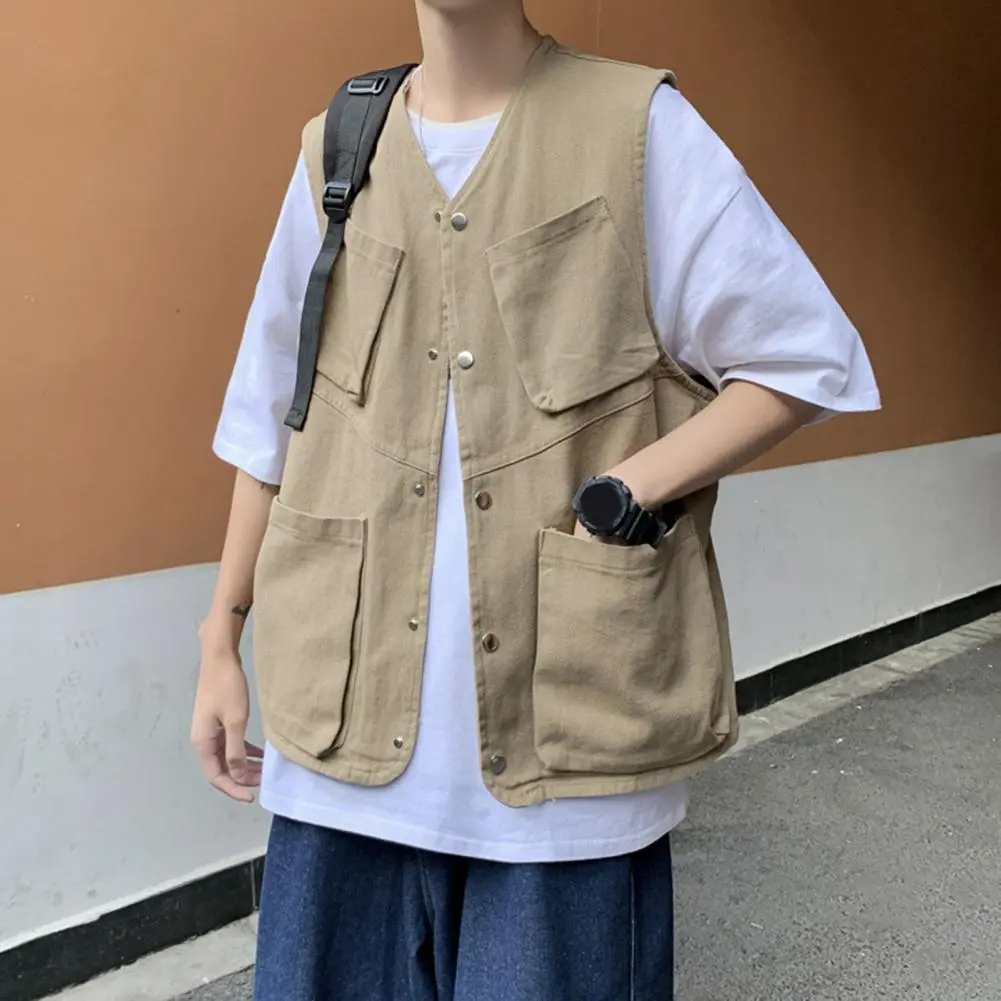 2025 Men Cargo Waistcoat Single Breasted Multi Pockets American Casual Men's Sleeveless Pocket T-shirt Street Wear Sports Vest