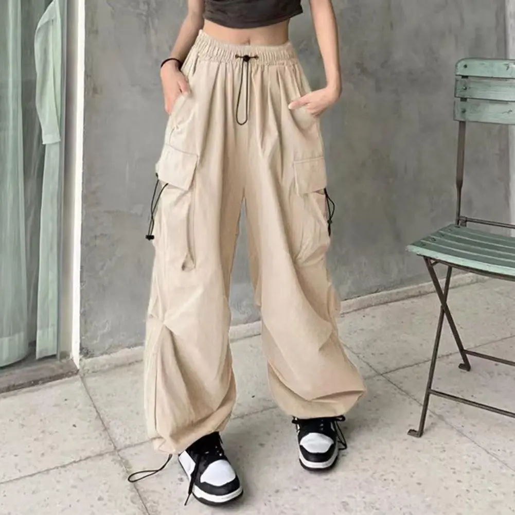 Women Cargo Pants High Waist Oversized Multi Pockets Drawstring Casual Pants Full Length Ankle-banded Hip Hop Street Trousers