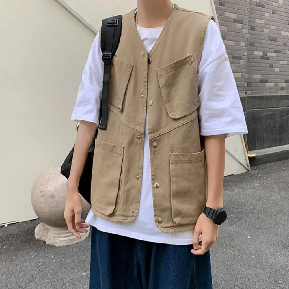 2025 Men Cargo Waistcoat Single Breasted Multi Pockets American Casual Men's Sleeveless Pocket T-shirt Street Wear Sports Vest