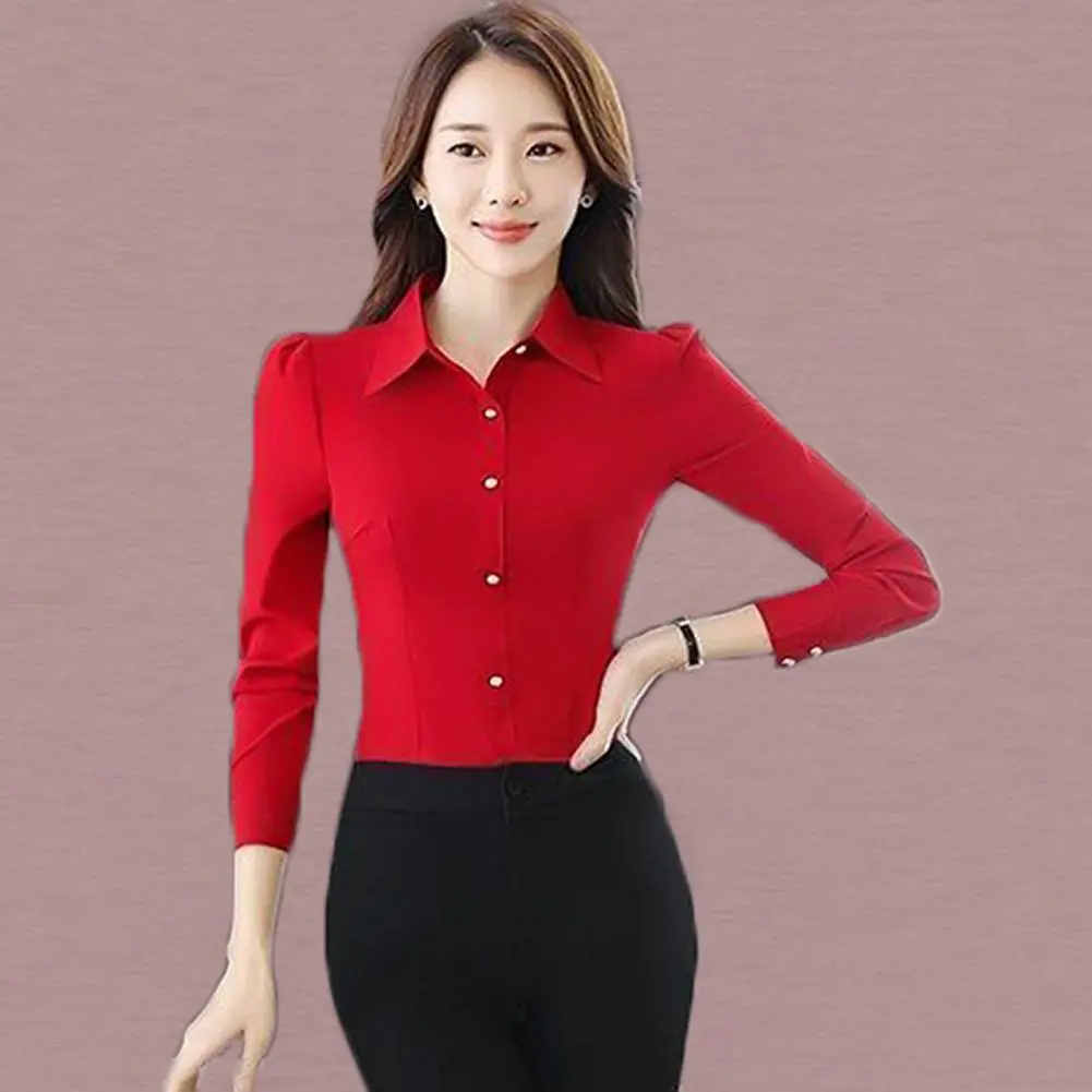 Commute Women Shirt Slim Fit Single-breasted Long Sleeve Shirt White Wine Red Business Shirt Formal Women Fashion Blouse Shirts