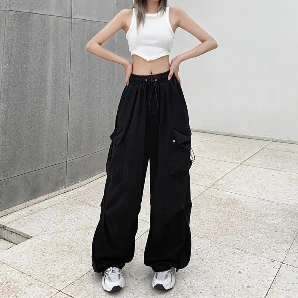 Women Cargo Pants High Waist Oversized Multi Pockets Drawstring Casual Pants Full Length Ankle-banded Hip Hop Street Trousers