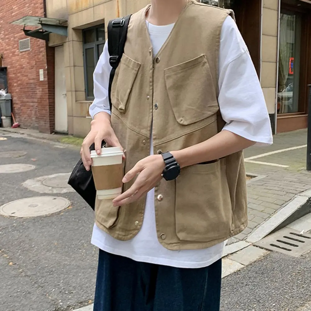 2025 Men Cargo Waistcoat Single Breasted Multi Pockets American Casual Men's Sleeveless Pocket T-shirt Street Wear Sports Vest