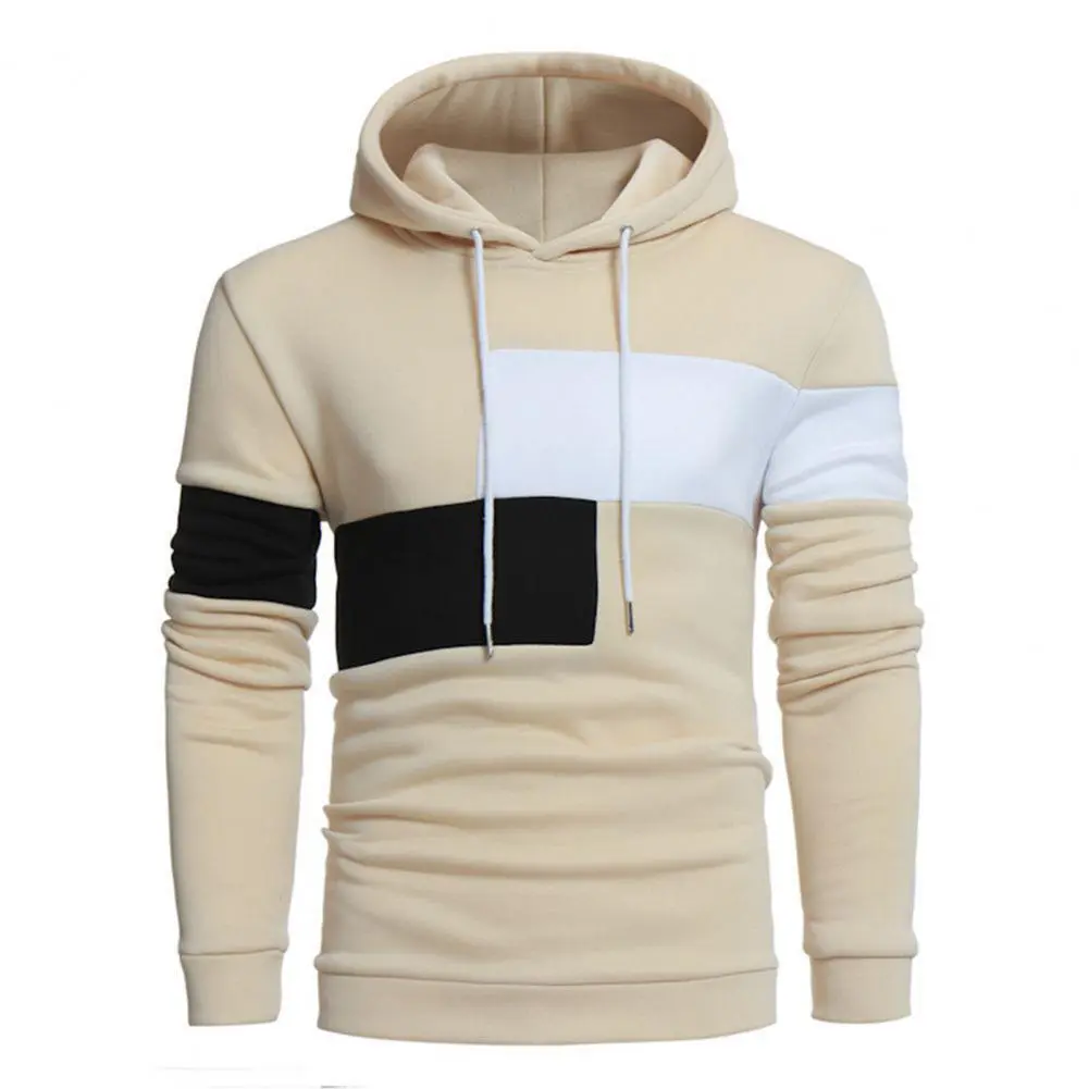 Colorblock Men Hoodie Winter Pullover Drawstring Hooded Keep Warm Soft Mid Length 2025 Spring Hoodie Streetwear Sports Hoodies