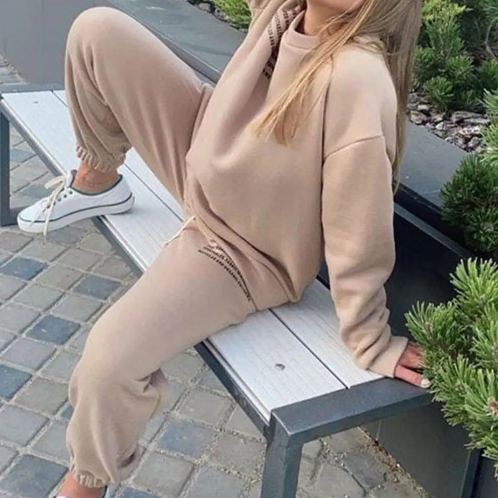 Women Tracksuit Letter Print O Neck Long Sleeves Women Sweatshirt And Sweatpants Set Thick Warm Loose Ankle-banded Trousers Set