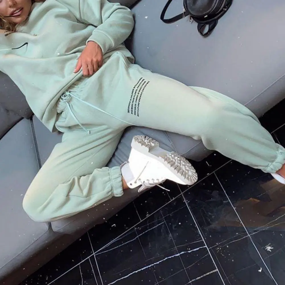 Women Tracksuit Letter Print O Neck Long Sleeves Women Sweatshirt And Sweatpants Set Thick Warm Loose Ankle-banded Trousers Set