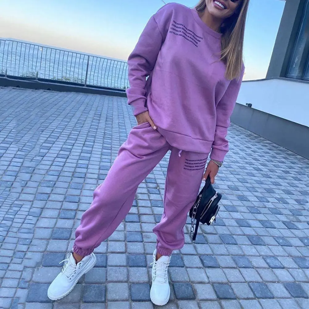 Women Tracksuit Letter Print O Neck Long Sleeves Women Sweatshirt And Sweatpants Set Thick Warm Loose Ankle-banded Trousers Set