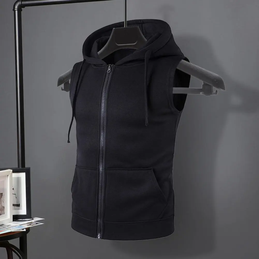 2025 M-2XL  Men Summer Vest Jacket Hooded Drawstring Sleeveless Zipper Placket Vest Coat Pockets Zipper Placket Waistcoat