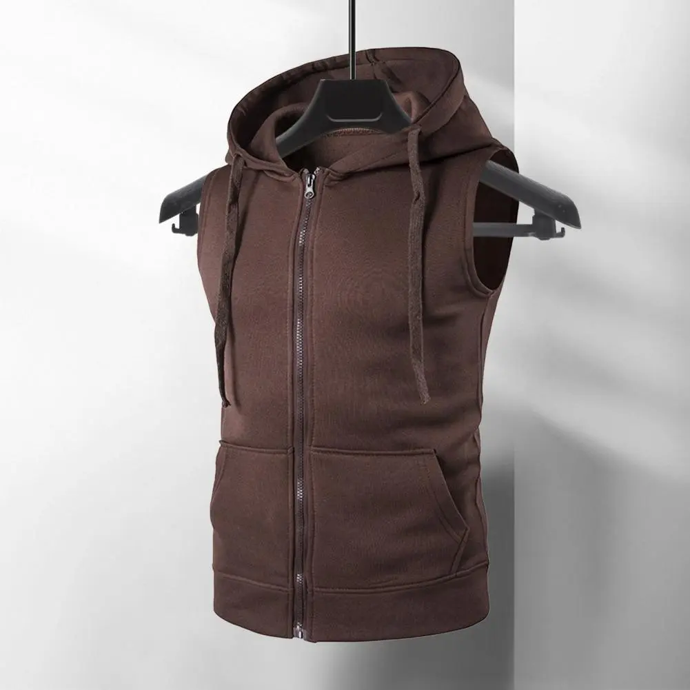 2025 M-2XL  Men Summer Vest Jacket Hooded Drawstring Sleeveless Zipper Placket Vest Coat Pockets Zipper Placket Waistcoat
