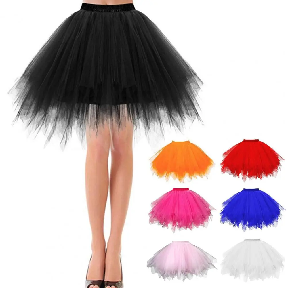 Multi-layered Candy Color Women Tulle Skirt A-line Big Swing Scattered Hem Solid Color High Elastic Waist Fluffy Pleated Skirts