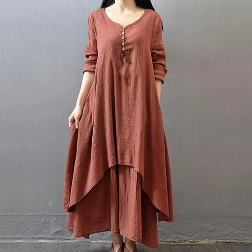 Cotton Linen Fake Two Pieces Retro Dress V-Neck Long Sleeve Large Hem Loose Baggy Dress Rural Style Lady Casual Robe Dress
