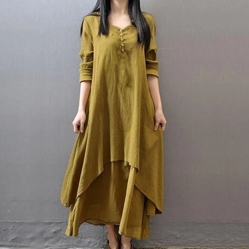 Cotton Linen Fake Two Pieces Retro Dress V-Neck Long Sleeve Large Hem Loose Baggy Dress Rural Style Lady Casual Robe Dress