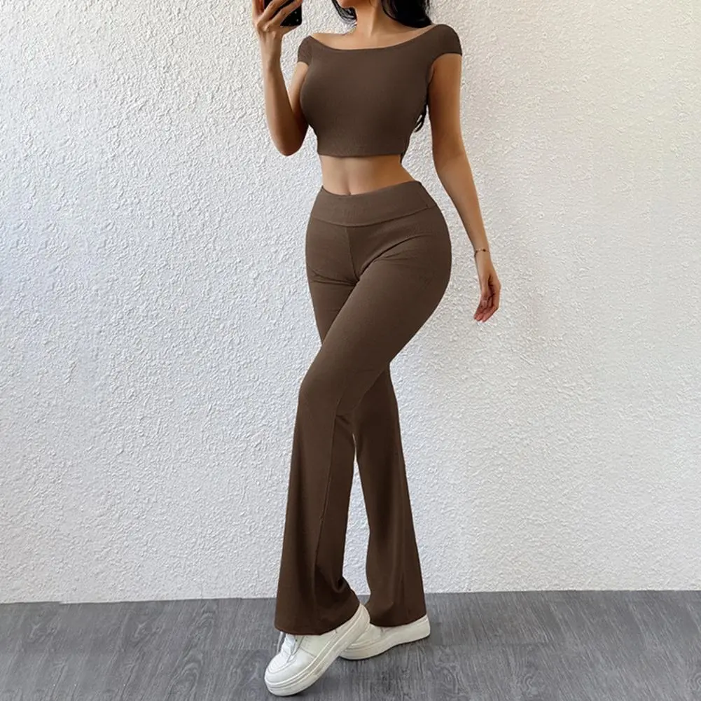 Top Trousers Yoga Set Yoga Suit Set Stylish Women's Lounge Workout Sets Crop Top with Flared Pants Yoga Suit with for Fitness