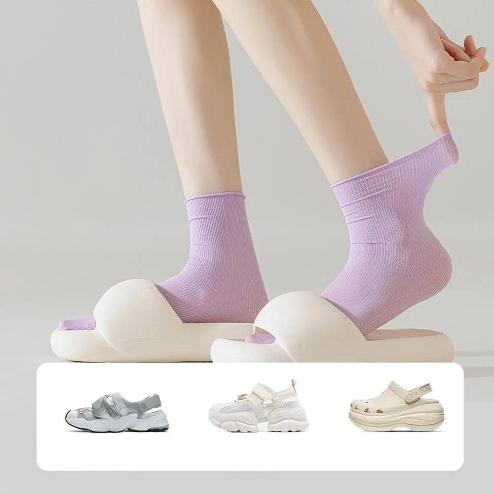Solid Color Ankle Socks Fashionable Solid Color Socks Summer Breathable Ice Silk Crew Socks Set for Women Thin Mid-tube Pile