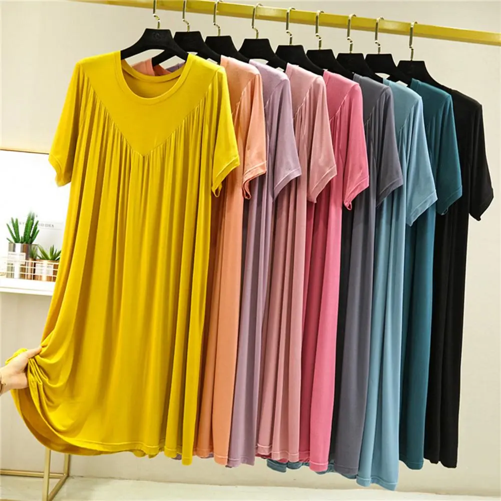 Women Night Dress Pleated Thin Round Neck Short Sleeves Loose Sleeping Dress Lady Night Robe Summer Sleepwear Home Dress