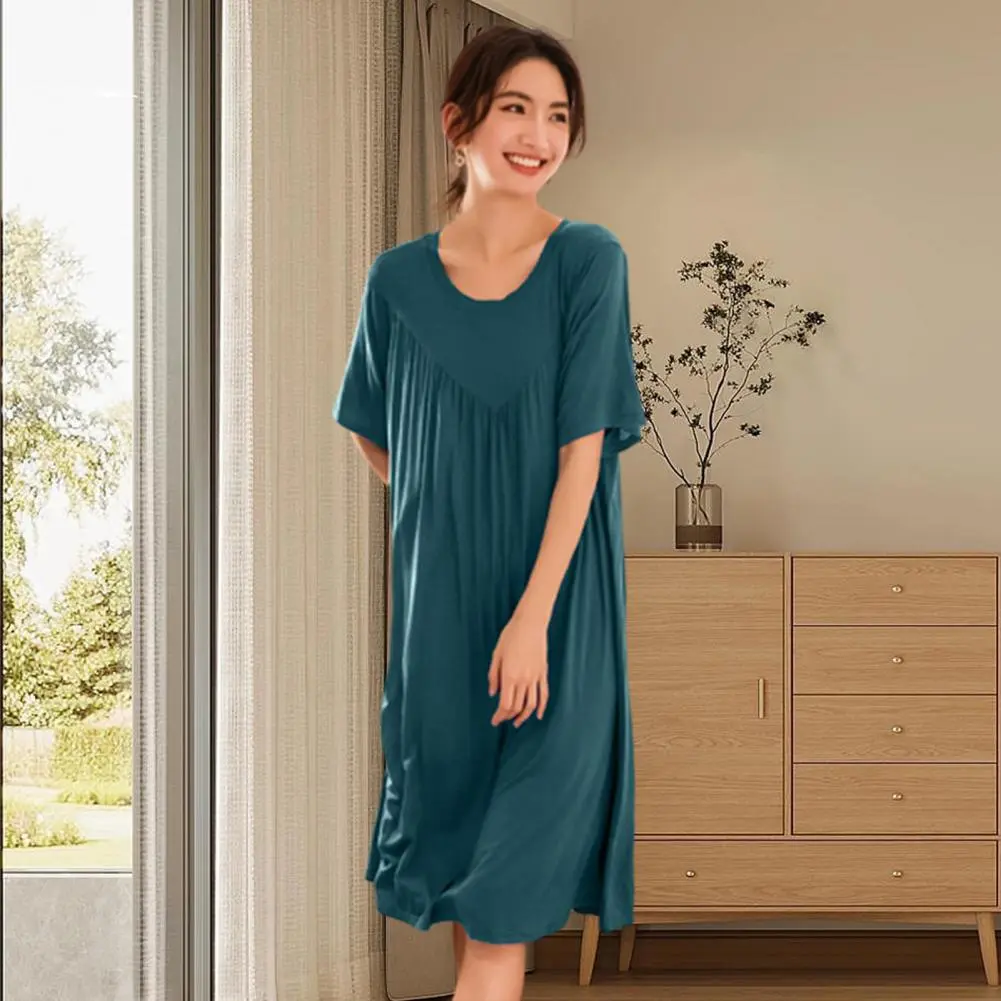 Women Night Dress Pleated Thin Round Neck Short Sleeves Loose Sleeping Dress Lady Night Robe Summer Sleepwear Home Dress