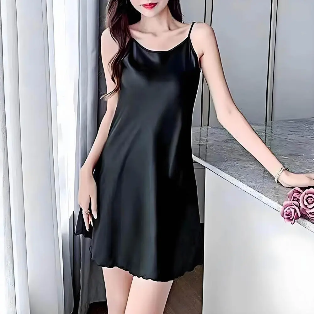 Daily Wear Nightgown Women Nightgown Elegant Satin Nightgown for Women Silky Slip Chemise Pajama Dress with Round Neck Spaghetti