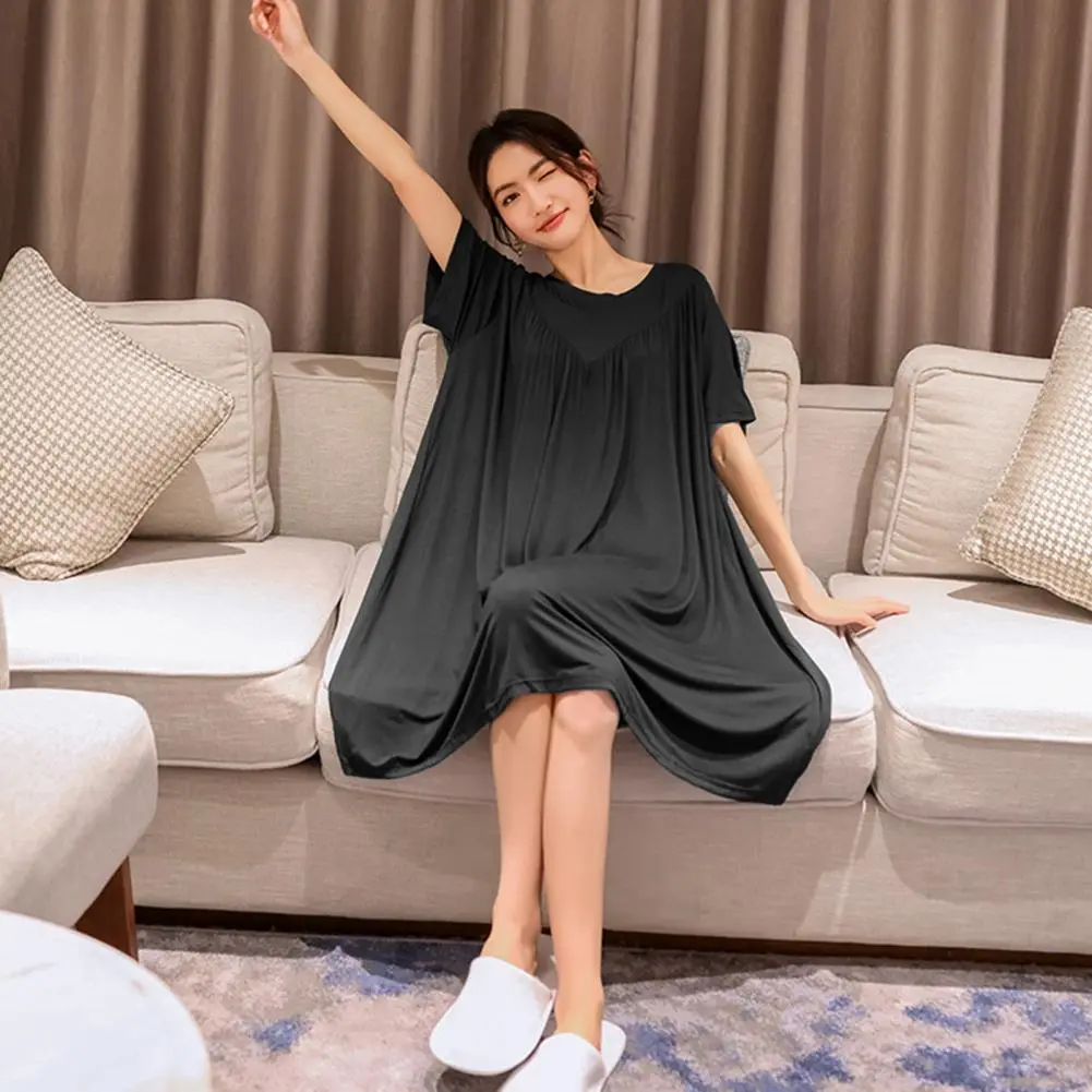 Women Night Dress Pleated Thin Round Neck Short Sleeves Loose Sleeping Dress Lady Night Robe Summer Sleepwear Home Dress