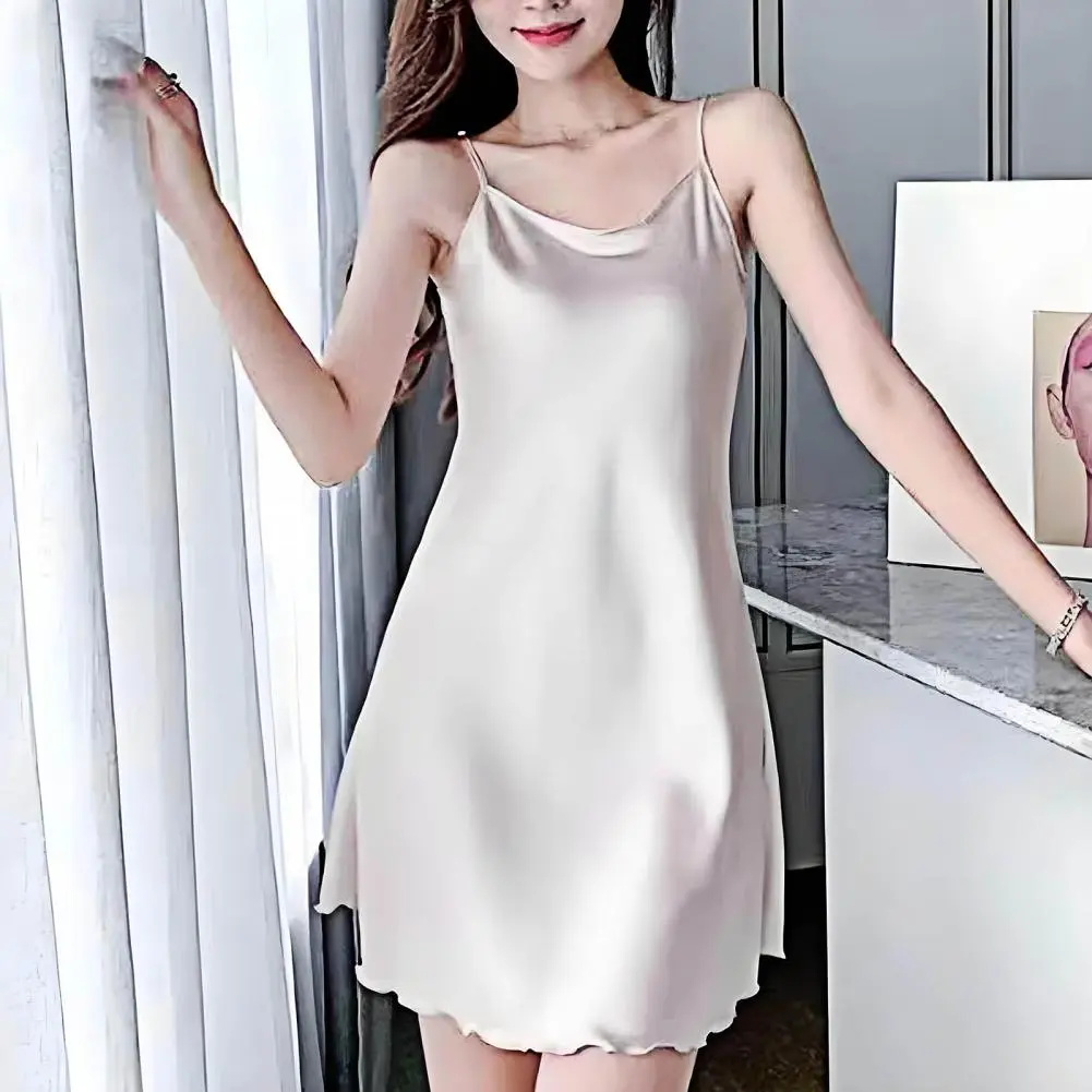 Daily Wear Nightgown Women Nightgown Elegant Satin Nightgown for Women Silky Slip Chemise Pajama Dress with Round Neck Spaghetti