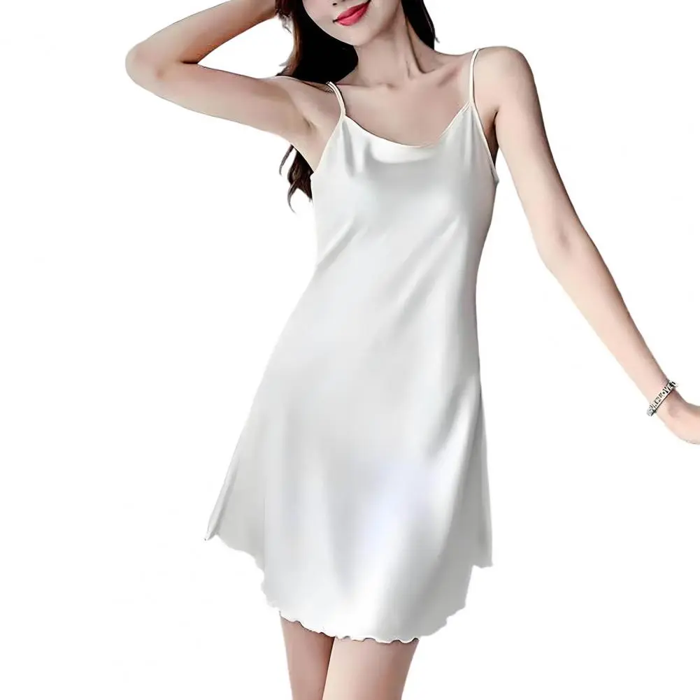 Daily Wear Nightgown Women Nightgown Elegant Satin Nightgown for Women Silky Slip Chemise Pajama Dress with Round Neck Spaghetti