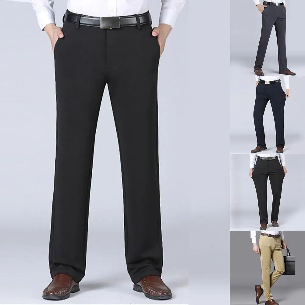 2025 Men Business Pants Stretchy Spring Autumn Mid Waist Straight Loose Trousers Business Suit Pants Pockets Father Trousers