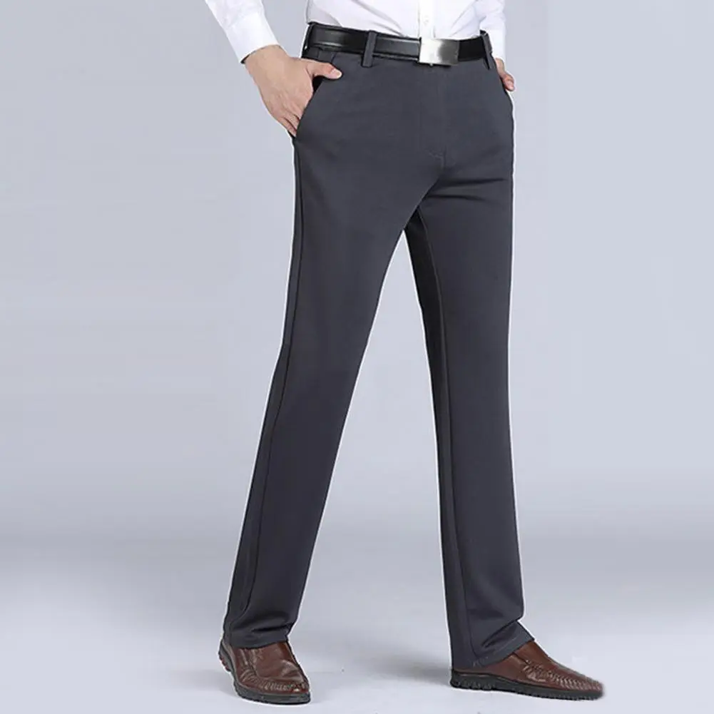 2025 Men Business Pants Stretchy Spring Autumn Mid Waist Straight Loose Trousers Business Suit Pants Pockets Father Trousers