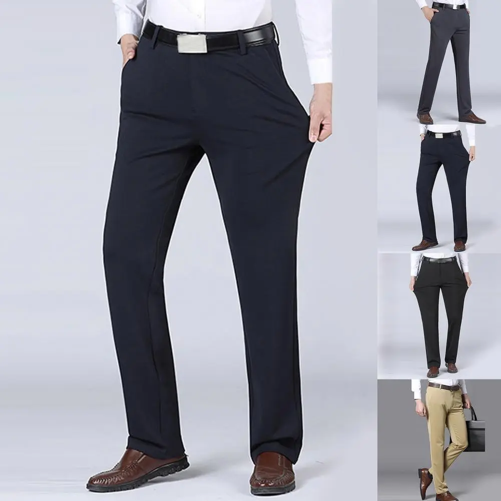 2025 Men Business Pants Stretchy Spring Autumn Mid Waist Straight Loose Trousers Business Suit Pants Pockets Father Trousers