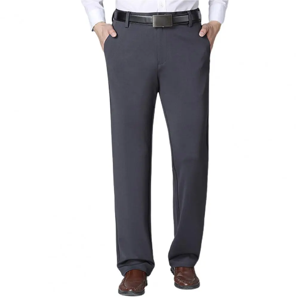 2025 Men Business Pants Stretchy Spring Autumn Mid Waist Straight Loose Trousers Business Suit Pants Pockets Father Trousers