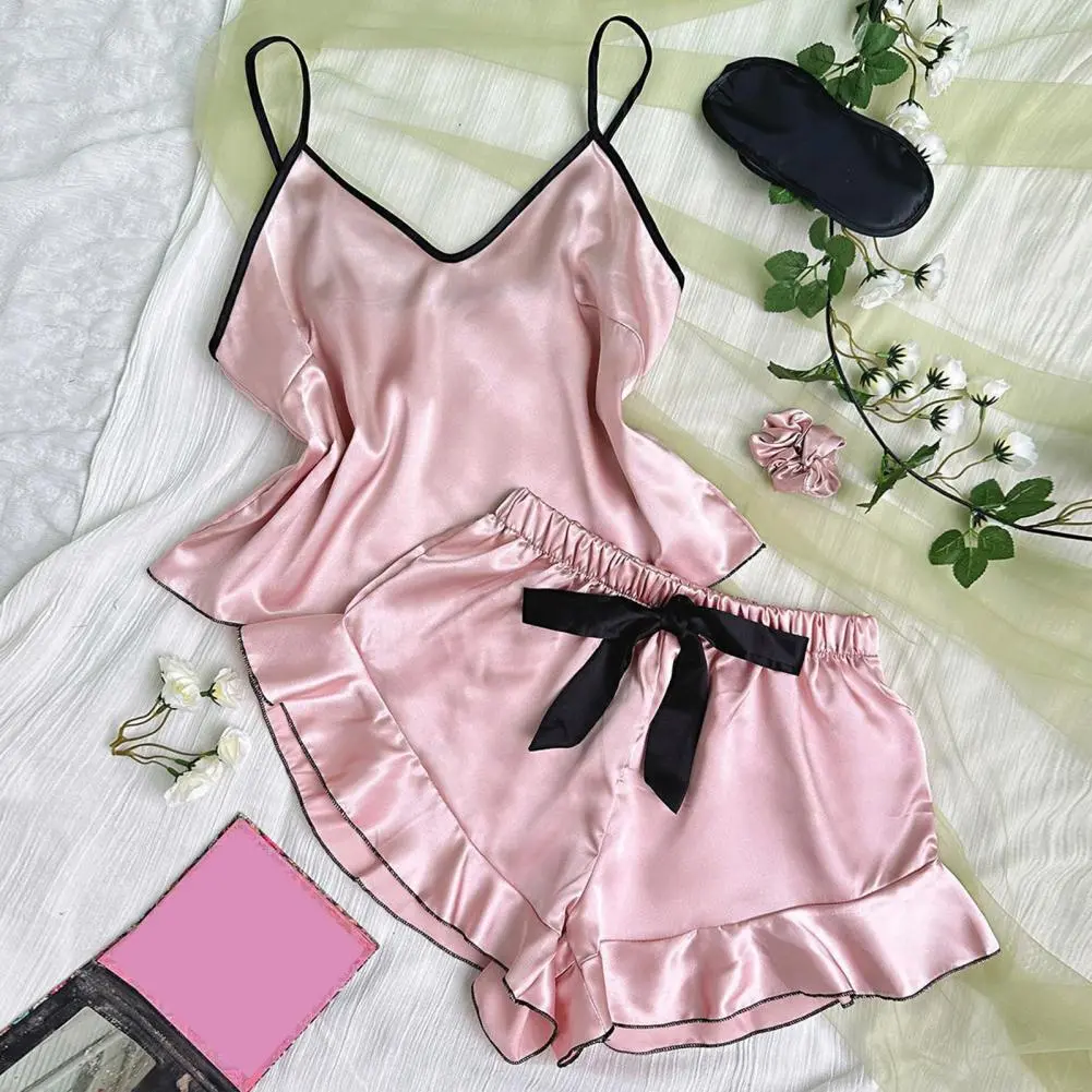 Silk Strappy Women Pajamas Set Smooth Satin Pajamas V-Neck T-Shirt Ruffled Edges And Bow Shorts Simple And Breathable Pajamas