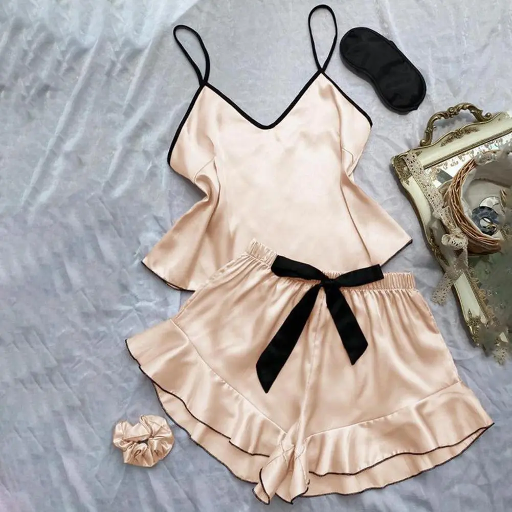 Silk Strappy Women Pajamas Set Smooth Satin Pajamas V-Neck T-Shirt Ruffled Edges And Bow Shorts Simple And Breathable Pajamas