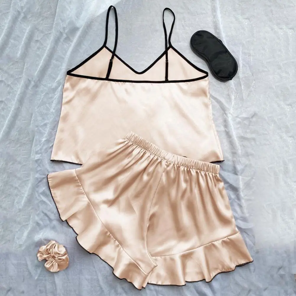 Silk Strappy Women Pajamas Set Smooth Satin Pajamas V-Neck T-Shirt Ruffled Edges And Bow Shorts Simple And Breathable Pajamas
