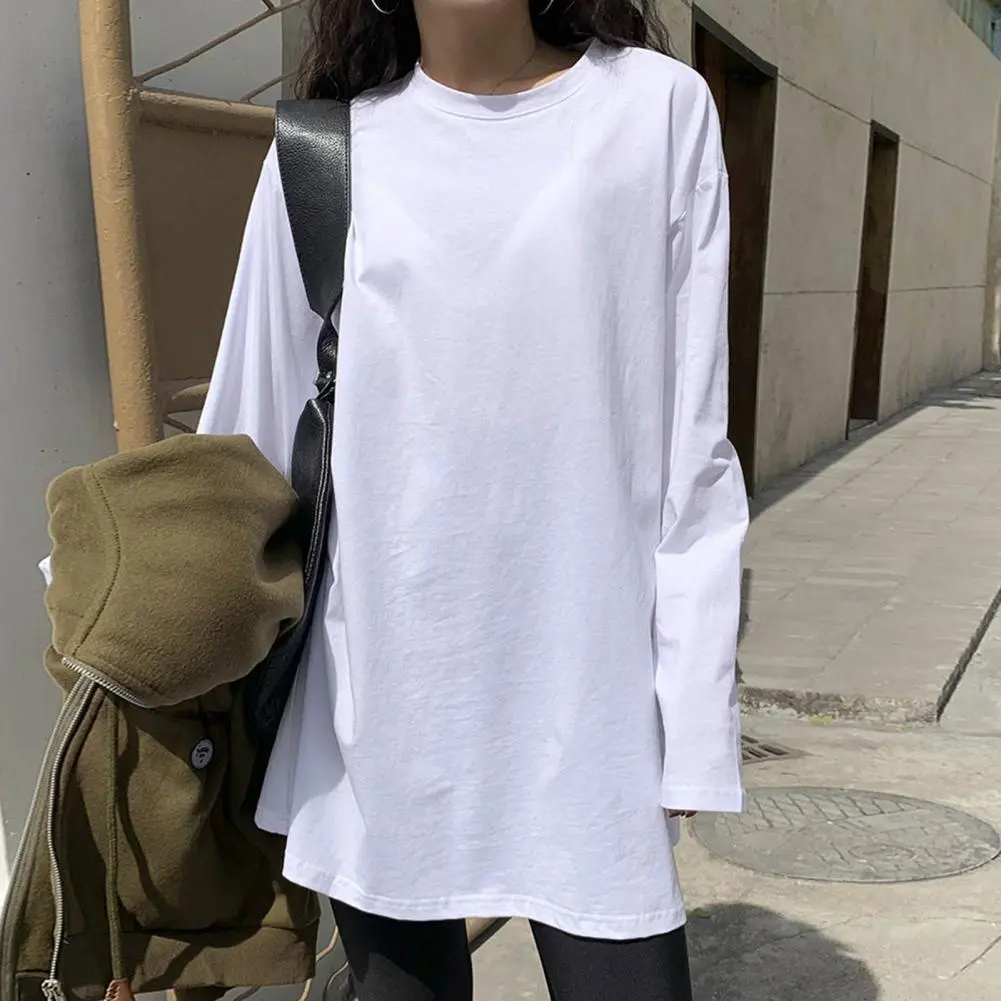 Women O-neck Long Sleeve T Shirts Side Split Casual Tees Women's Black T-shirt Basic Tee Shirt Oversize T Shirt Loose Pullover