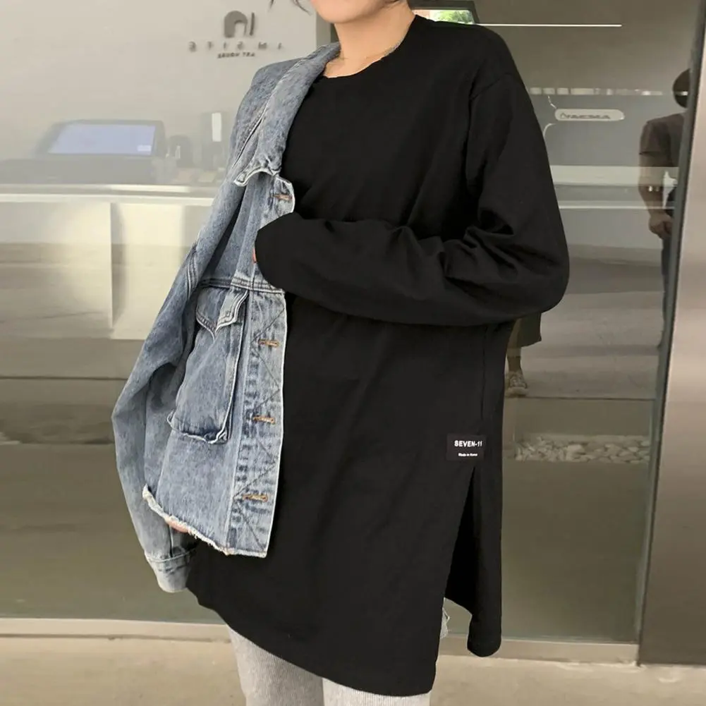 Women O-neck Long Sleeve T Shirts Side Split Casual Tees Women's Black T-shirt Basic Tee Shirt Oversize T Shirt Loose Pullover