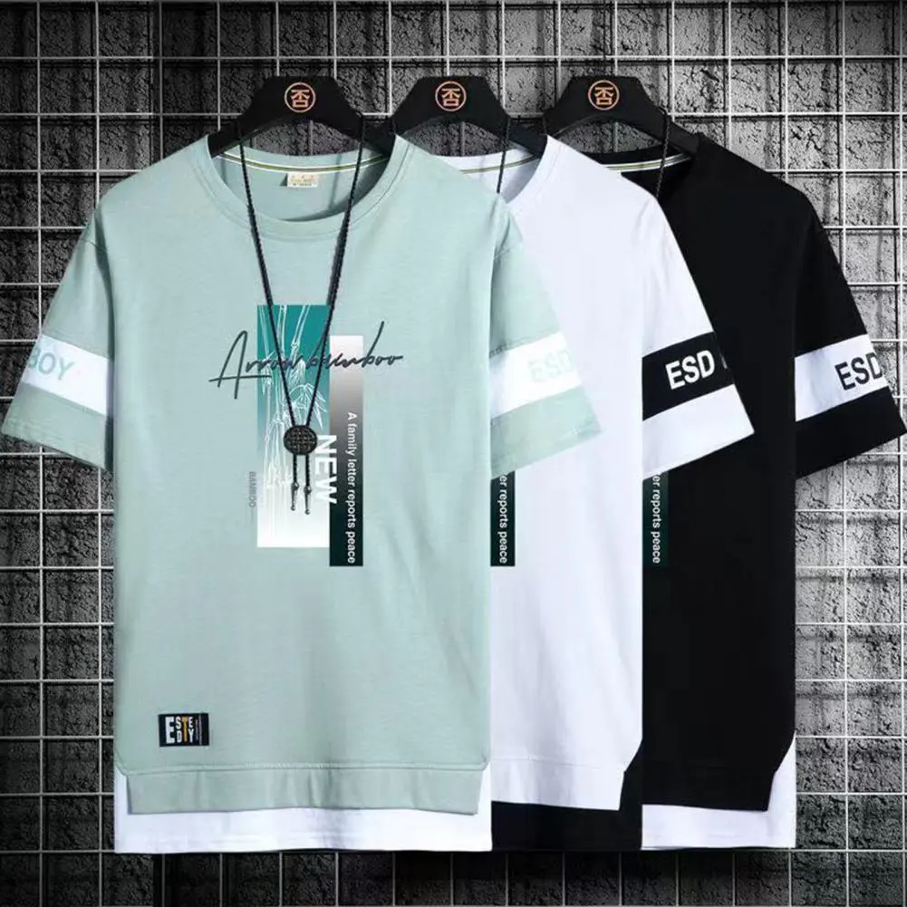 Fake Two Piece T Shirt For Men 2024 Summer Hip Hop Harajuku Retro Men T-shirt Letter Print Loose Tees Summer T Shirt Streetwear