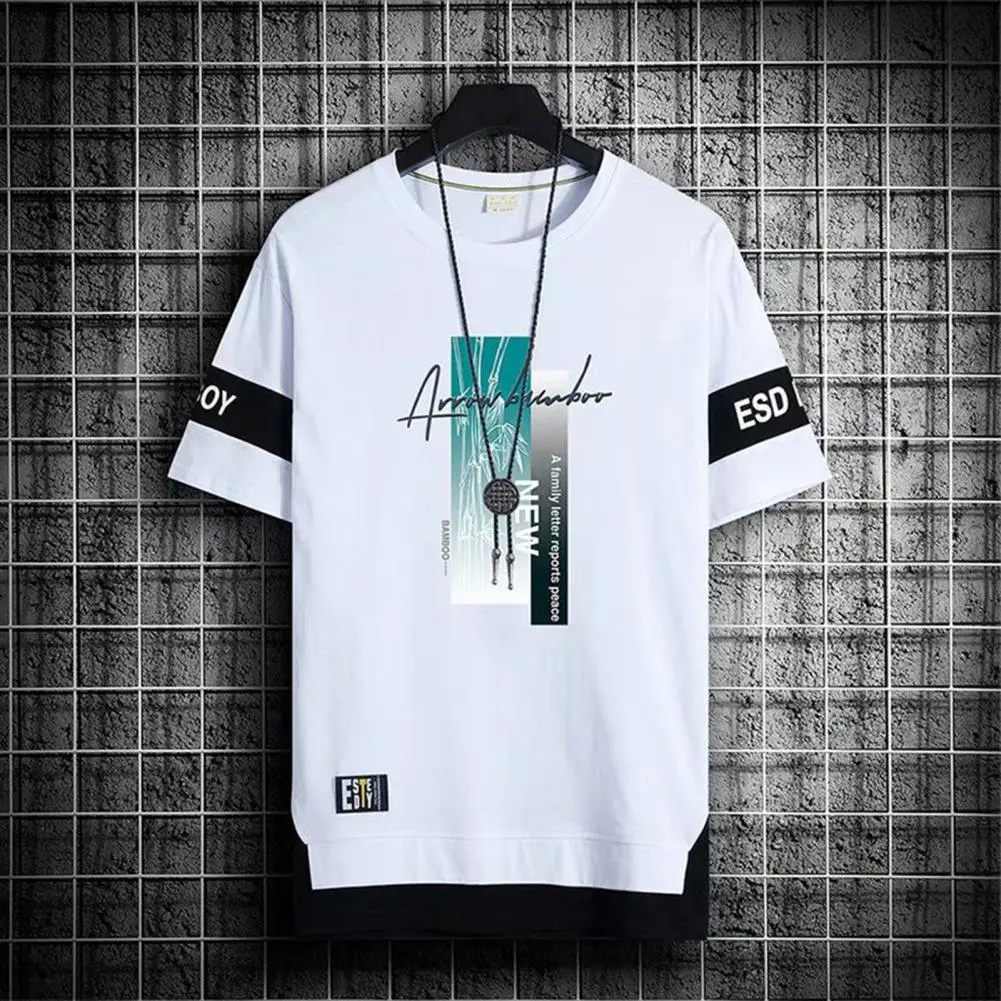 Fake Two Piece T Shirt For Men 2024 Summer Hip Hop Harajuku Retro Men T-shirt Letter Print Loose Tees Summer T Shirt Streetwear