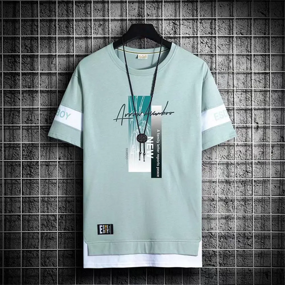 Fake Two Piece T Shirt For Men 2024 Summer Hip Hop Harajuku Retro Men T-shirt Letter Print Loose Tees Summer T Shirt Streetwear