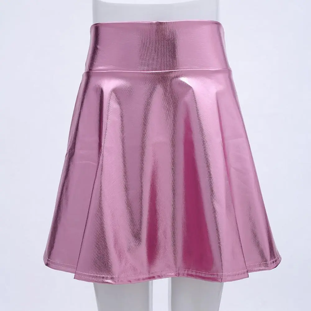 Women Skirt Glossy Surface Faux Leather High-waisted Skirt A-line Loose Hem Pleated Mini Skirt Hot Cocktail Party Mini Skirts