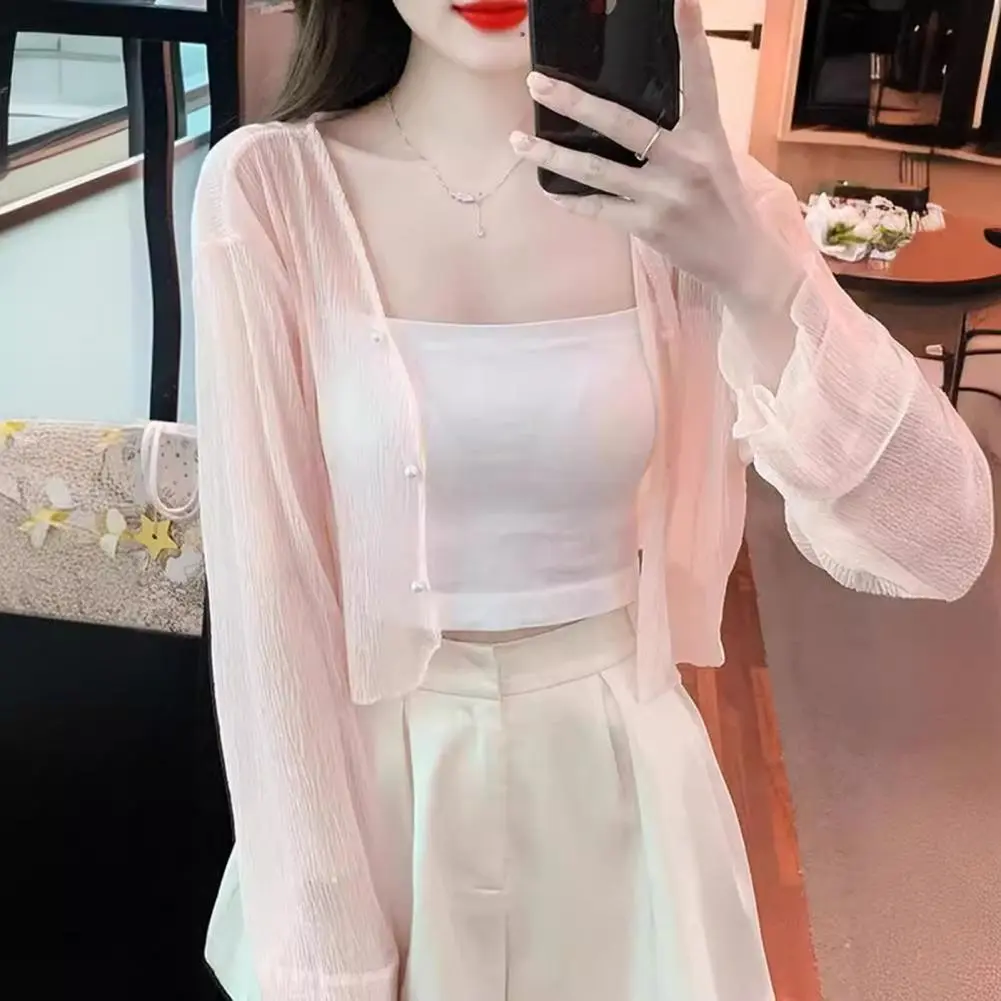 Women's Mesh Sheer Sun Jacket Sun Protection Shirt Long Sleeve Button Down Sun Shirts UV Protection Short Shawl Beach Cover Up
