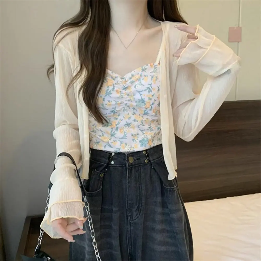 Women's Mesh Sheer Sun Jacket Sun Protection Shirt Long Sleeve Button Down Sun Shirts UV Protection Short Shawl Beach Cover Up