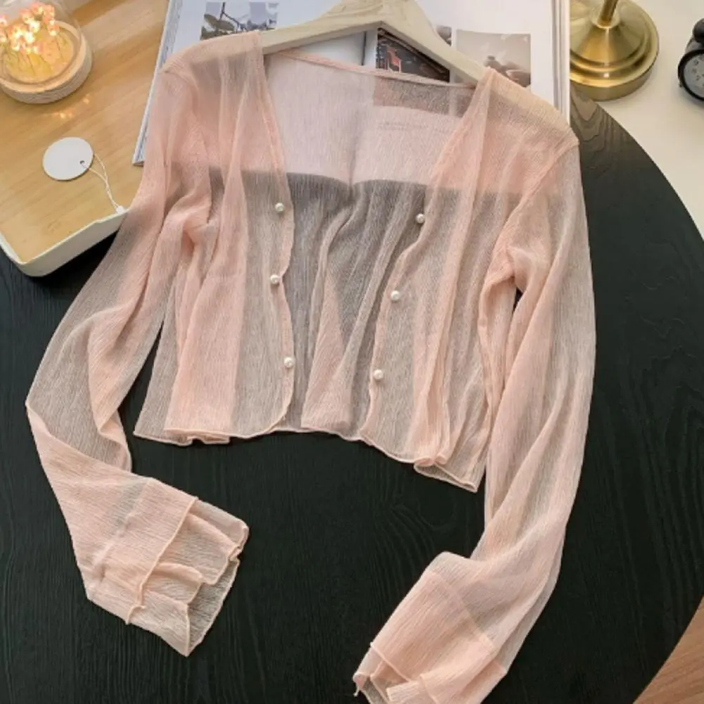 Women's Mesh Sheer Sun Jacket Sun Protection Shirt Long Sleeve Button Down Sun Shirts UV Protection Short Shawl Beach Cover Up