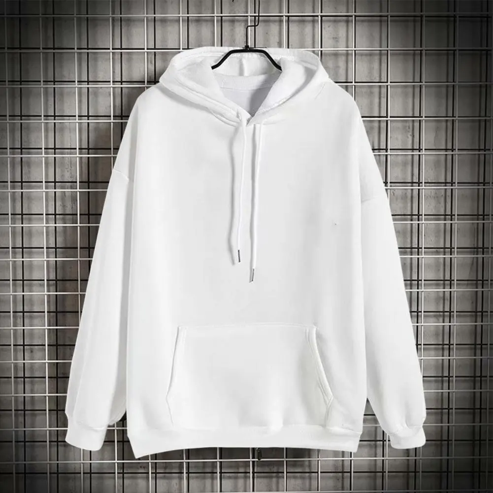 Men Spring Hoodie Solid Color Drawstring Hooded Pullover Warm Simple Style Plus Size Thermal Men Hoodie Fashion Sweatershirt