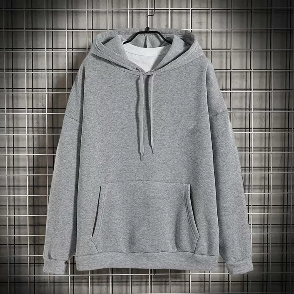 Men Spring Hoodie Solid Color Drawstring Hooded Pullover Warm Simple Style Plus Size Thermal Men Hoodie Fashion Sweatershirt