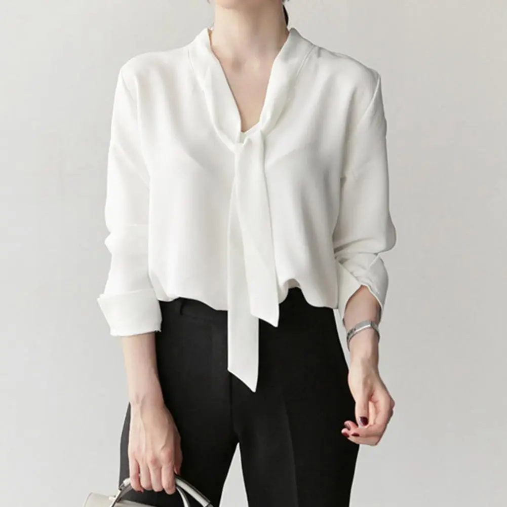 Korean Pop Women Shirt V-neck Lace-up Collar Long Sleeve Chic Style Shirt Comfortable Mid Length Office Lady Blouse Shirt Tops