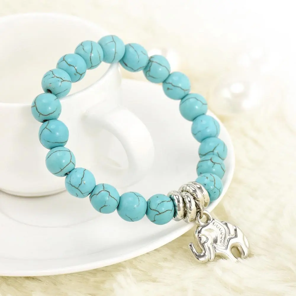 10mm Natural Turquoise Stone Bracelet Bead Tibet Silver Tone Elephant Pendent Charm Bracelet for Women Vintage Bohemian Bracelet