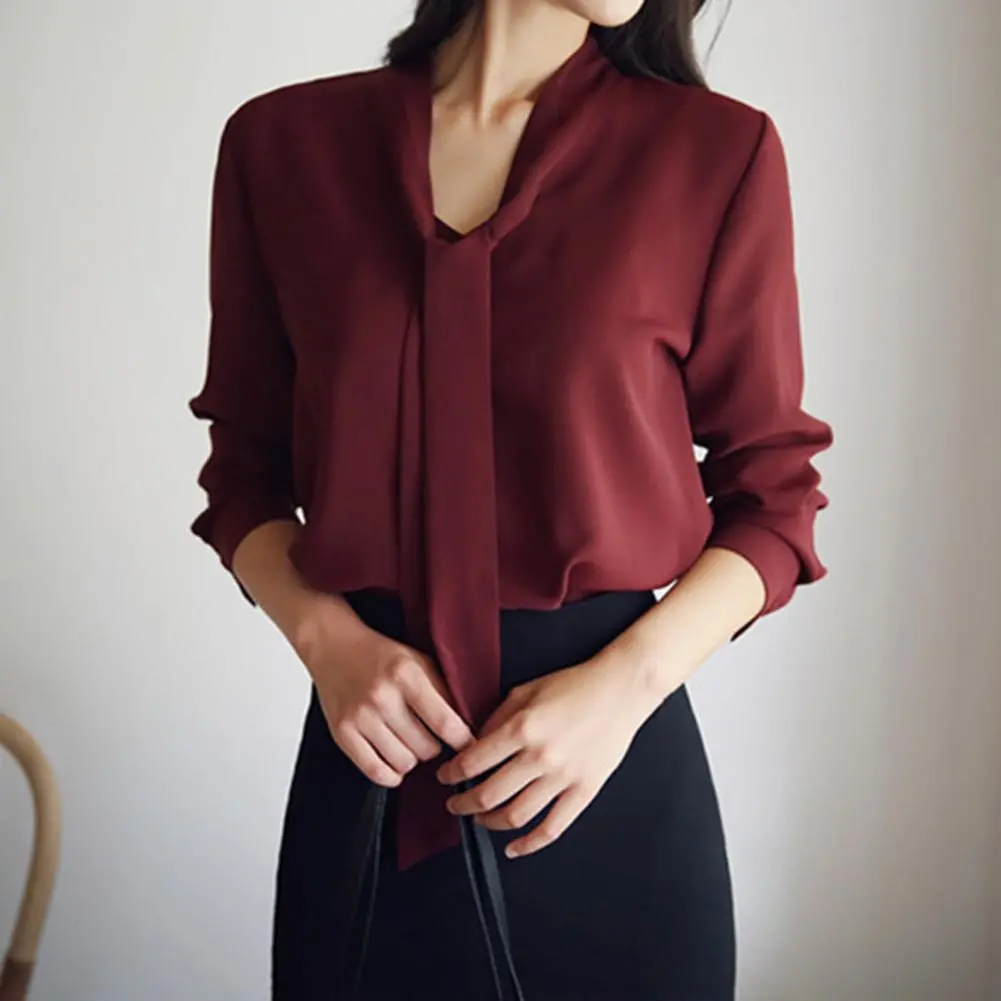 Korean Pop Women Shirt V-neck Lace-up Collar Long Sleeve Chic Style Shirt Comfortable Mid Length Office Lady Blouse Shirt Tops