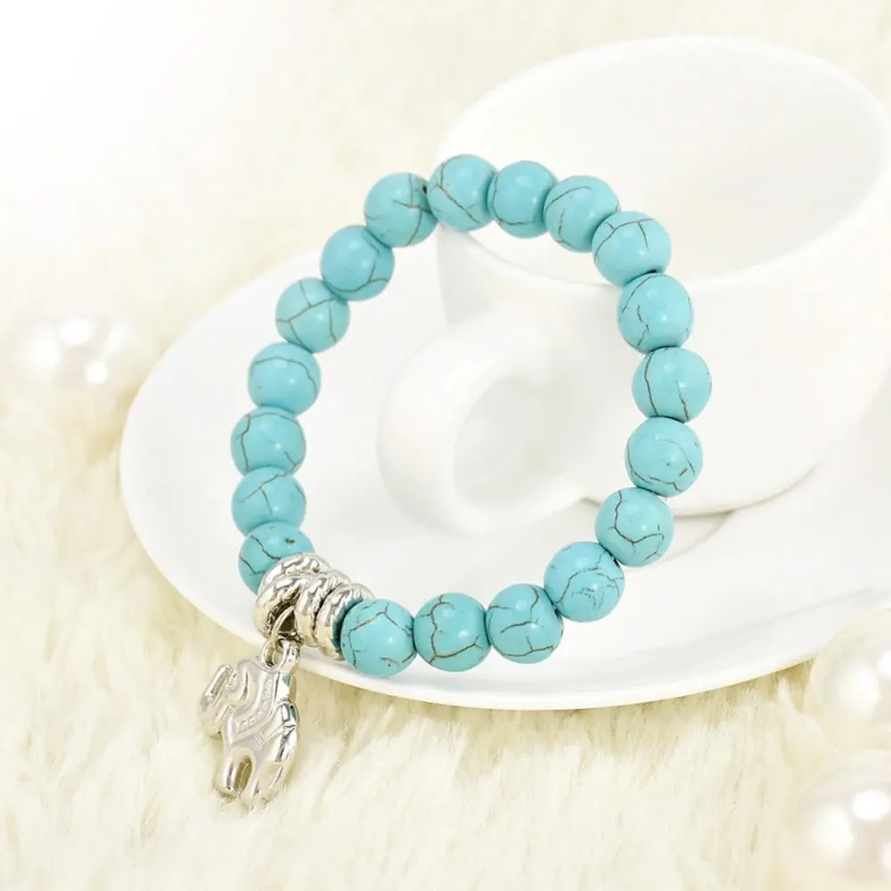 10mm Natural Turquoise Stone Bracelet Bead Tibet Silver Tone Elephant Pendent Charm Bracelet for Women Vintage Bohemian Bracelet