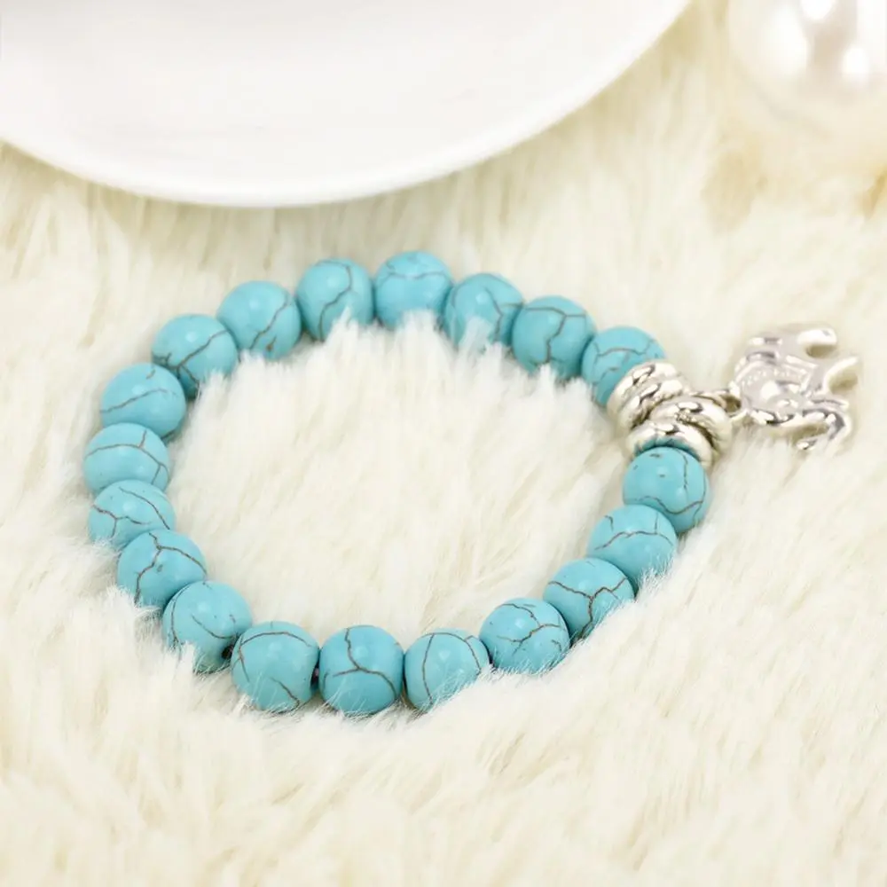 10mm Natural Turquoise Stone Bracelet Bead Tibet Silver Tone Elephant Pendent Charm Bracelet for Women Vintage Bohemian Bracelet