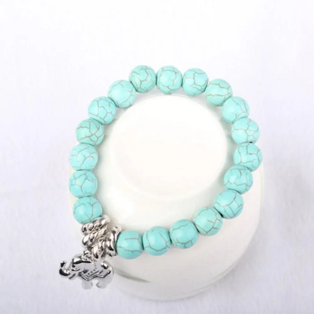 10mm Natural Turquoise Stone Bracelet Bead Tibet Silver Tone Elephant Pendent Charm Bracelet for Women Vintage Bohemian Bracelet