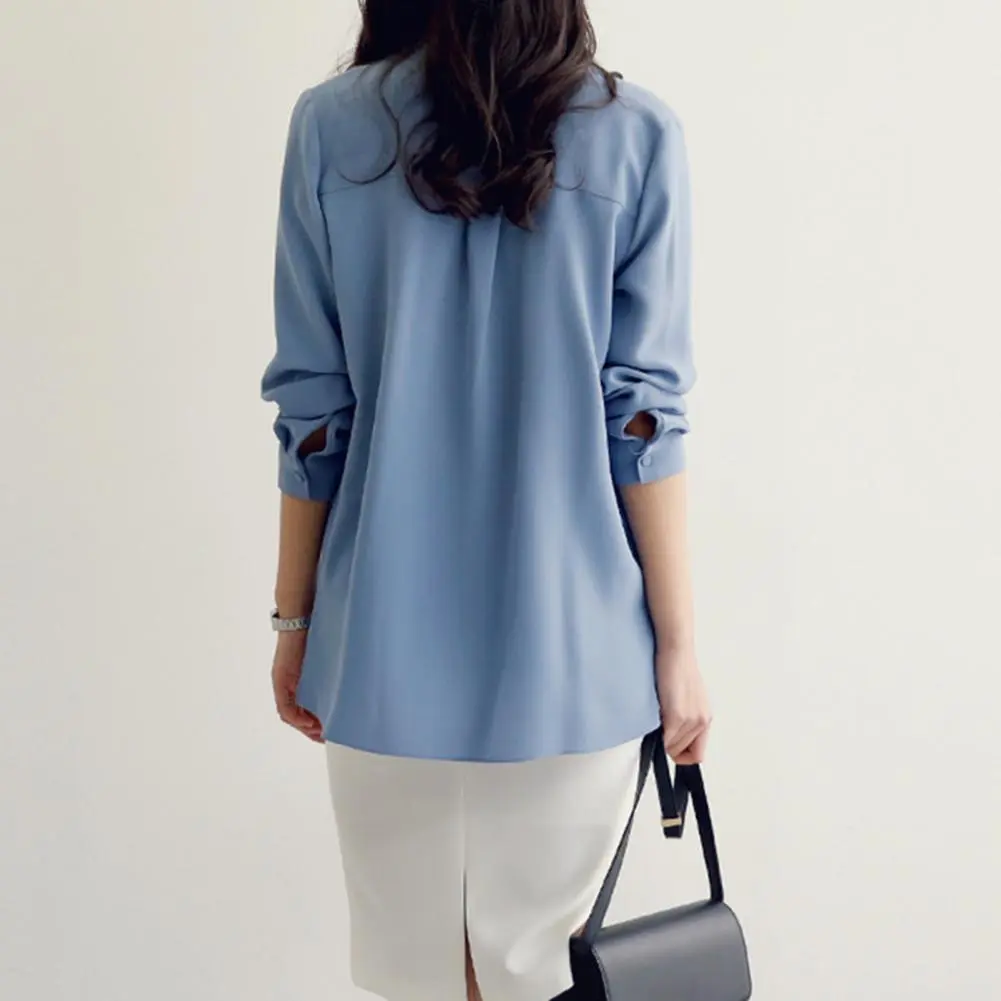 Korean Pop Women Shirt V-neck Lace-up Collar Long Sleeve Chic Style Shirt Comfortable Mid Length Office Lady Blouse Shirt Tops