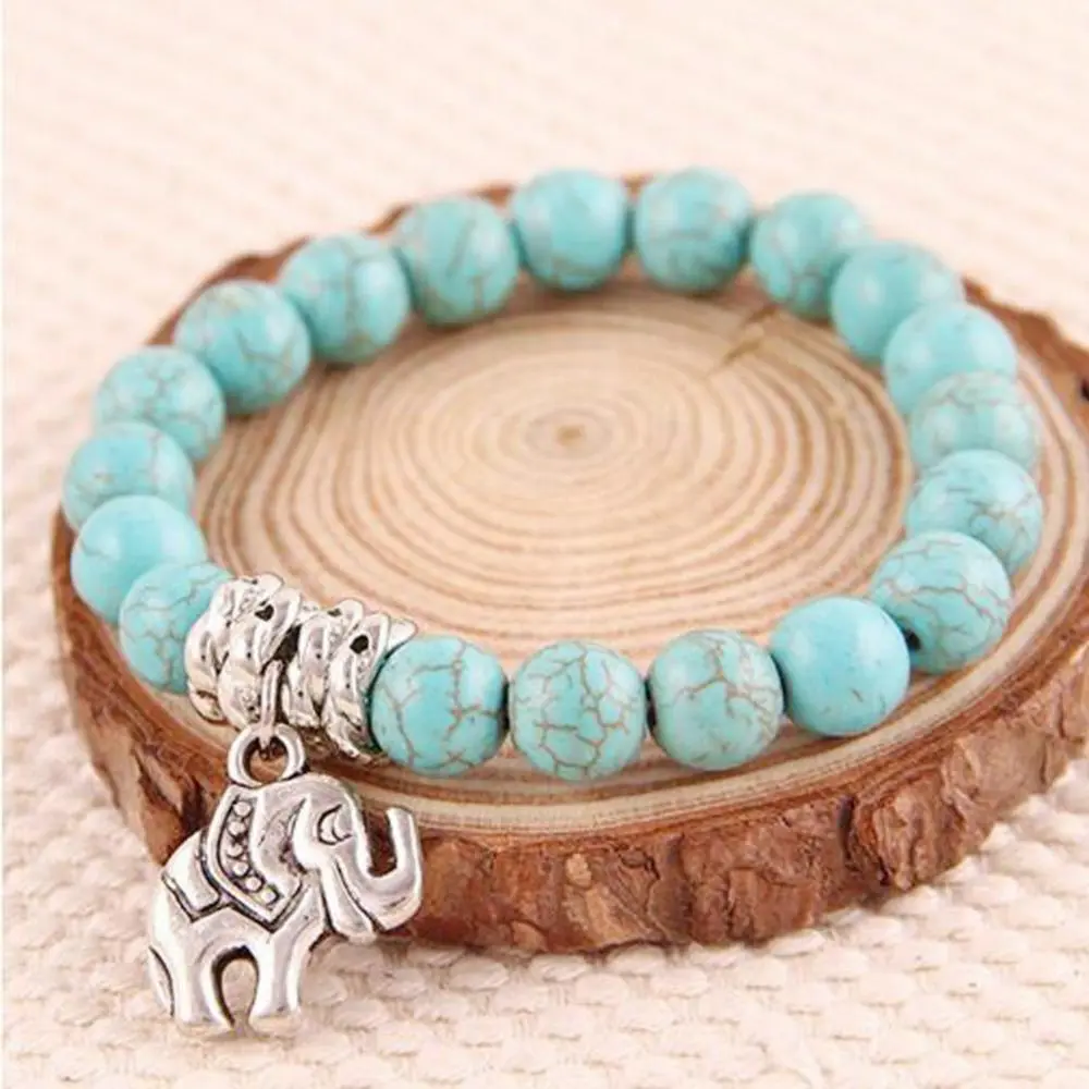 10mm Natural Turquoise Stone Bracelet Bead Tibet Silver Tone Elephant Pendent Charm Bracelet for Women Vintage Bohemian Bracelet